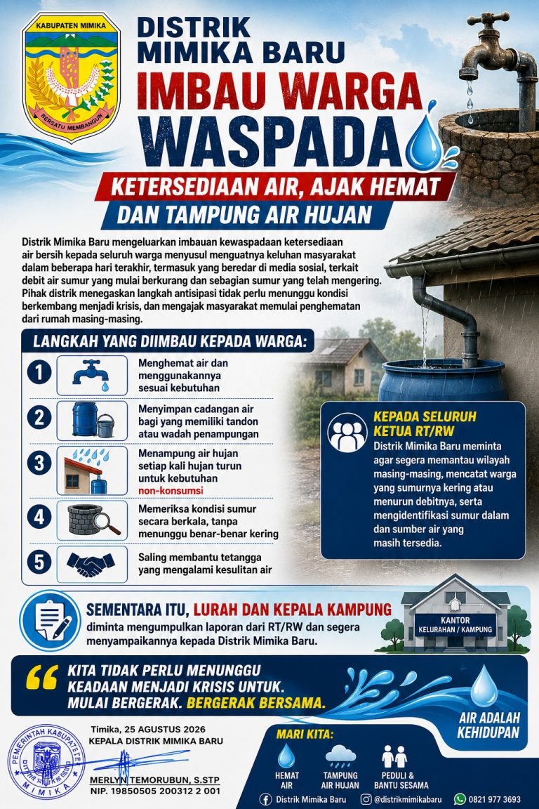 DISTRIK MIMIKA BARU IMBAU WARGA WASPADA KETERSEDIAAN AIR, AJAK HEMAT DAN TAMPUNG AIR HUJAN